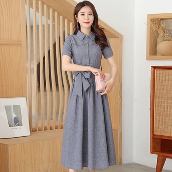 

Cotton Linen Short Sleeve Women Long dress New Summer Dresses Khaki Gray Pink Purple Green Blue Navy Wine Red Caramel Color 2561