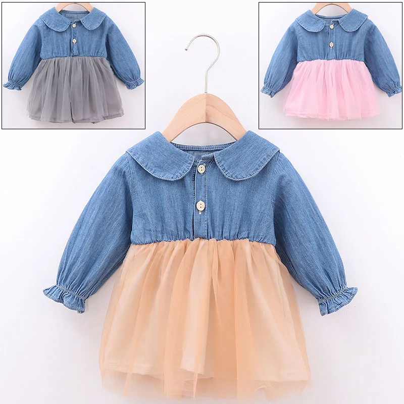 Тюлевое Сетчатое платье для маленьких девочек джинсовое платье с длинными рукавами и воротником на пуговицах