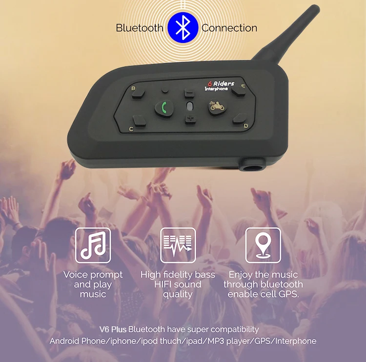 1 шт. V6 Шлем Интерком мотоциклетный Bluetooth Интерком шлем гарнитура 6 всадников 1200 м Intercomunicador Interphone BT MP3