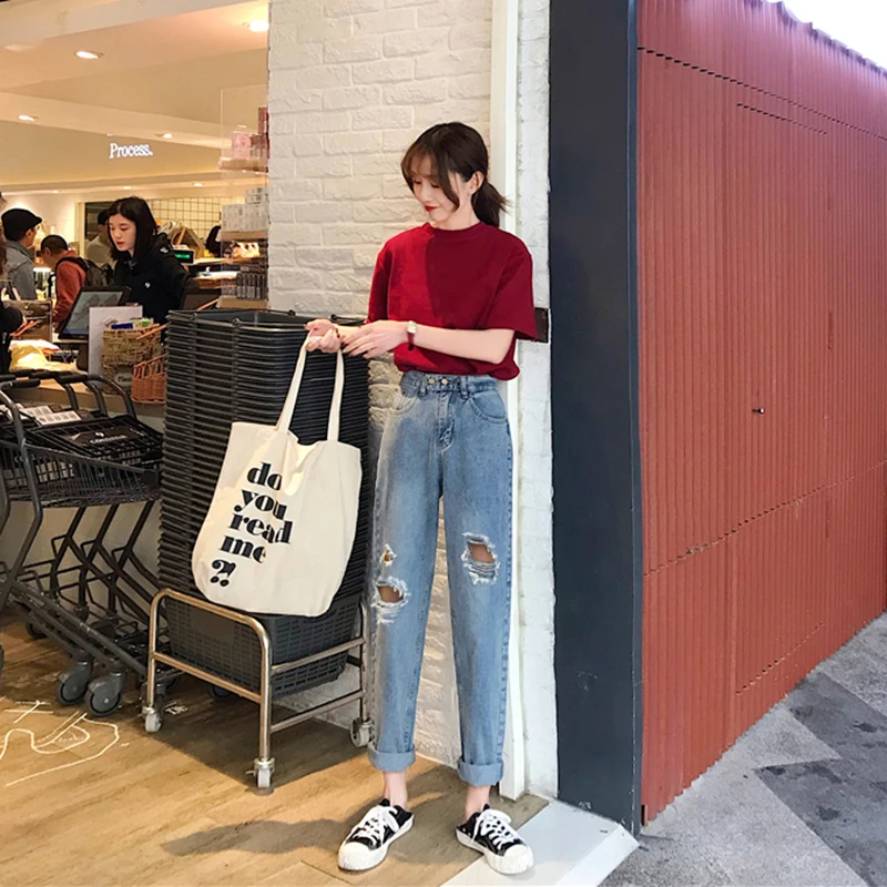 Джинсы женские уличная Ulzzang Harajuku отверстие женские новые летние корейские Стиль Высокая талия студенческие повседневные женские брюки шикарные