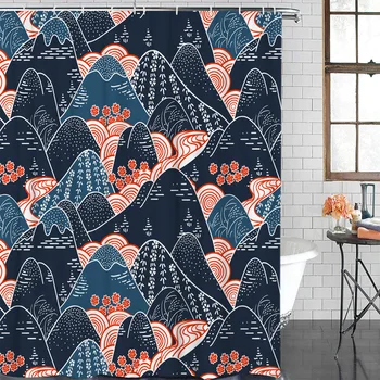 

Mountain Peak Texture Flowers Waterproof Polyester Fabric Shower Curtain Home Decoration Bathroom Shower Curtain with hook