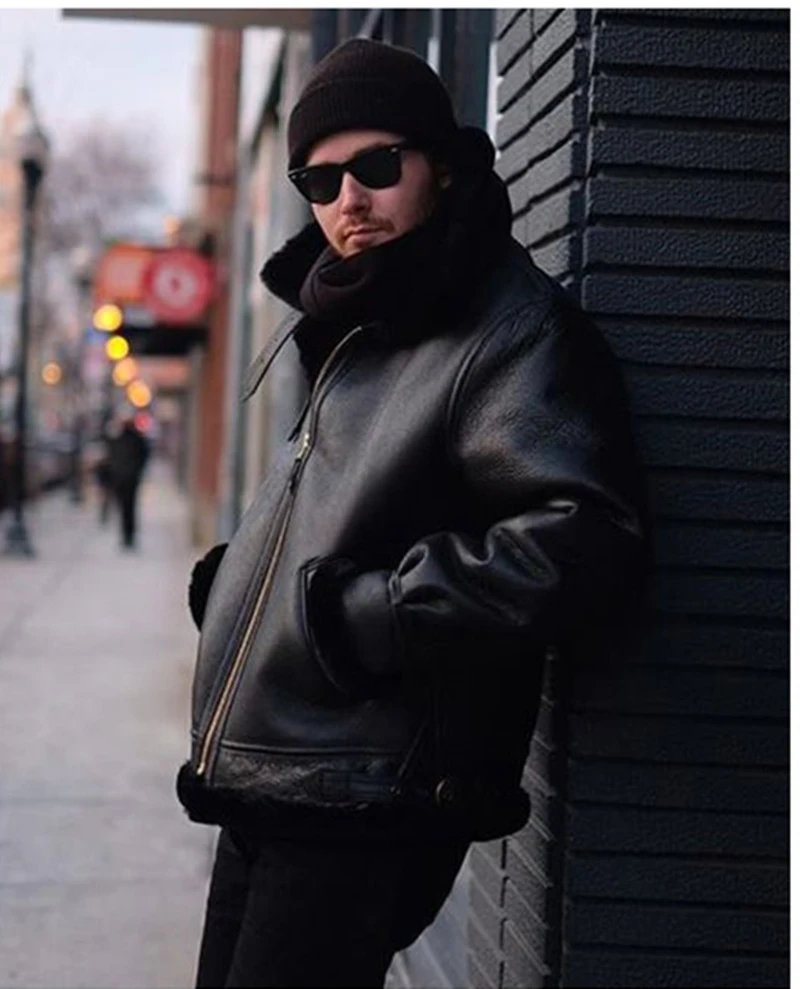Черная мужская зимняя куртка-бомбер в американском стиле B3, настоящая Толстая овчина, военная кожаная куртка-пилот