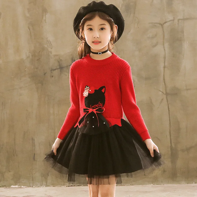 Новинка; сезон осень-зима; двухцветное платье для девочек; детское вязаное бархатное платье-свитер; платье принцессы с длинными рукавами в западном стиле
