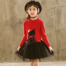 Новинка; сезон осень-зима; двухцветное платье для девочек; детское вязаное бархатное платье-свитер; платье принцессы с длинными рукавами в западном стиле