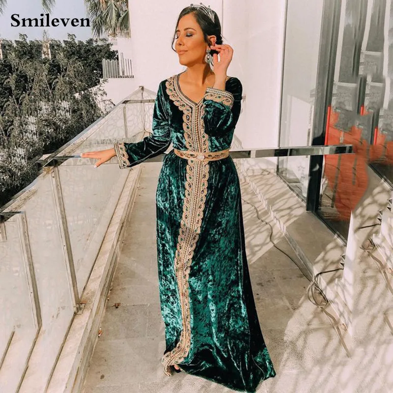 

Smileven Green Morocco Caftan Evening Dresses V Neck Lace Outfit Dubai Prom Dress Velvet Long Sleeve Formal Evening Party Dress