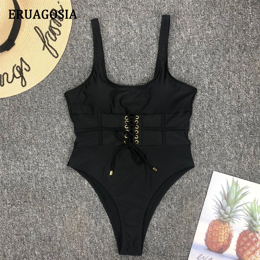 2020 Solid Swimwear One Piece Swimsuit Women High Waisted Swimsuits Monokini Sport Bodysuit Beach Bathing Suit Swim Black White