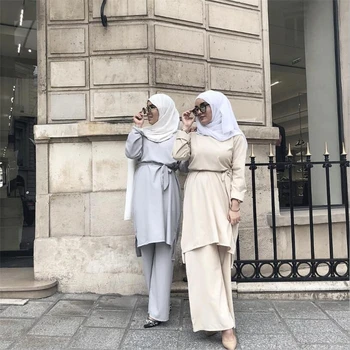 

2020 New fashion arabic women's pants and abaya set modest muslim clothing bandage prayer dress turkey dubai suit red black XXL