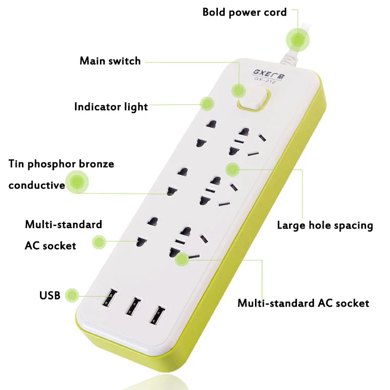 Протектор для экрана сенсорного Мощность полосы 2/3 USB Стандартный Plug расширители Выход переключатель управления 10A 220V 2500W