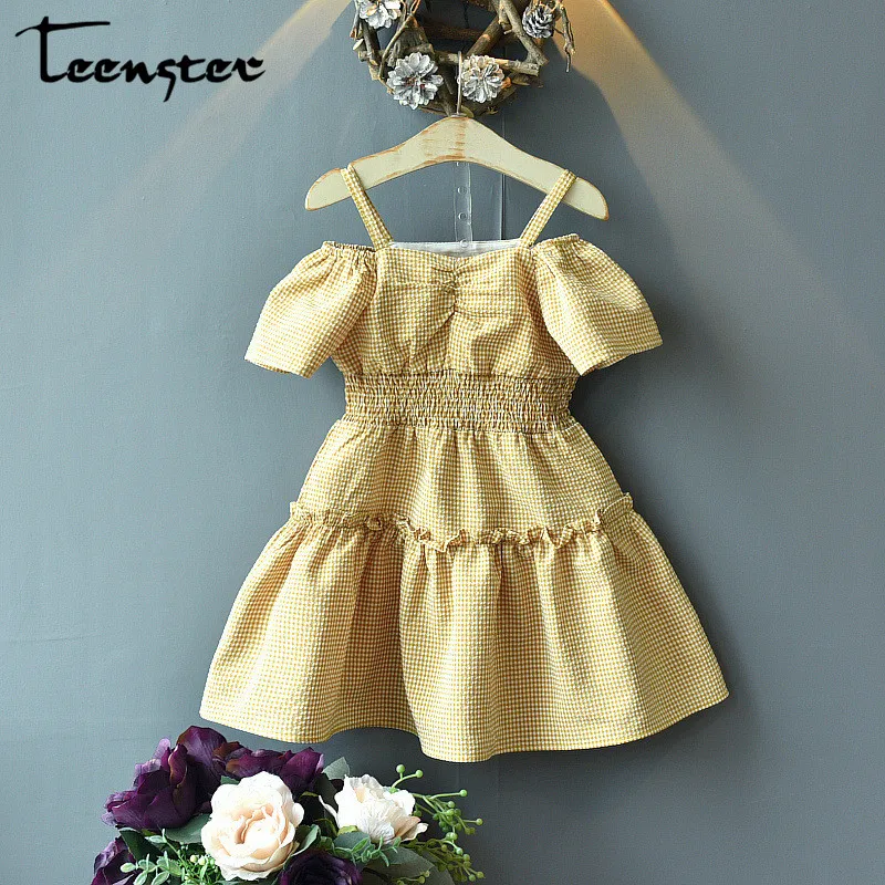Teenster Summer Short Sleeve Dresses for Girls Costume Cute Korean Off The Shoulder Princess Dress Plaid Vestidos Kids Outfits | Детская