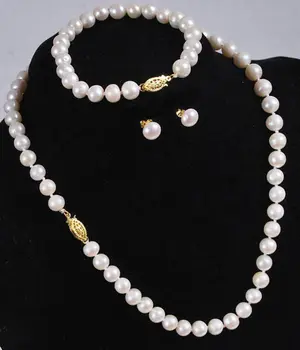 

CHARMING SET OF 9-10MM SOUTH SEA ROUND WHITE PEARL NECKLACE BARCELET EARRING925silver