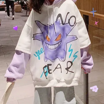 

Cartoon Printed Loose Thickening Hooded Autumn Winter Sweatshirt Women's Drawstring Velvet Warm Tops Fake 2 PCS Hoodies