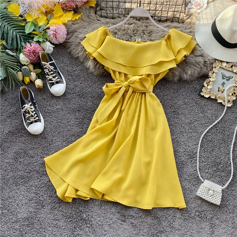 SINGRAIN Summer Women Off Shoulder Dress Bohemian Romantic Ruffle Sundress Party Holiday A-Line Retro Solid Chiffon Beach Dress
