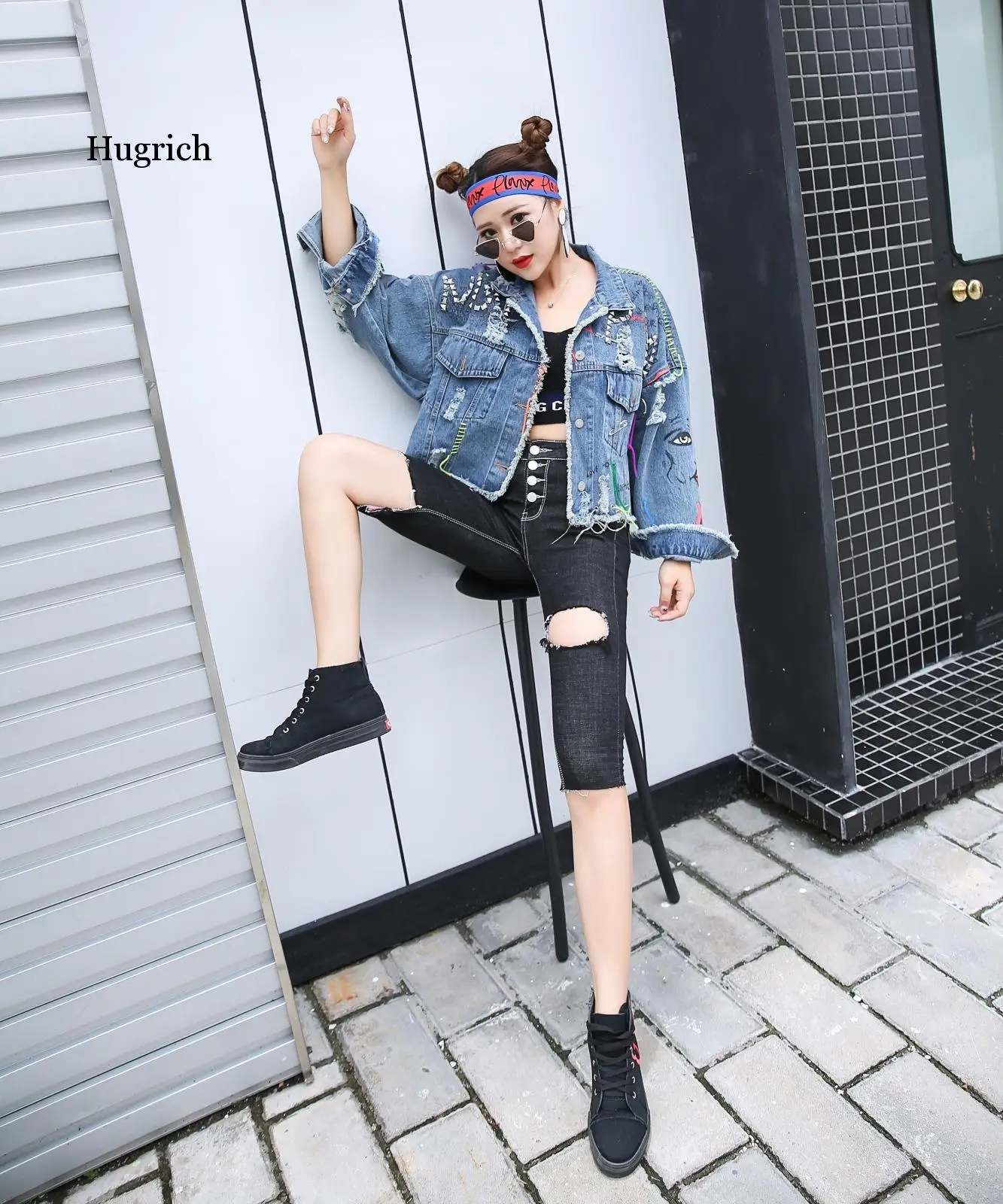 New Women's 2021 Spring Jean Jackets Women Coats Female Denim Graffiti Rivet Jacket Girl Outerwear Blue