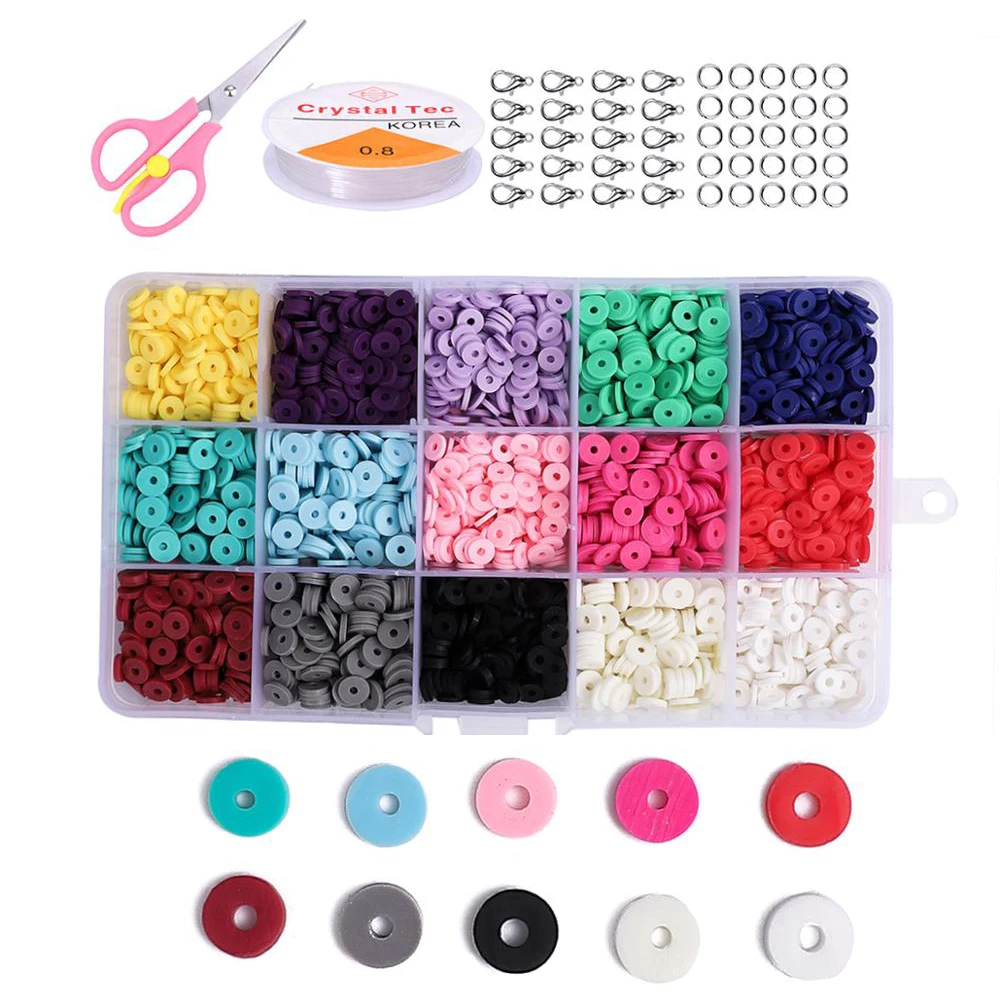 Flat Round Polymer Clay Spacer Beads Kit Charms Elastic String Lobster Clasp Box for Jewelry Making DIY Bracelets Earring Set