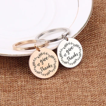 

Thanks Giving Day Gift Key Chain Round Simple Picture Just Give Thanks Heart Pattern Stainless Steel Key Fob Jewelry Charm