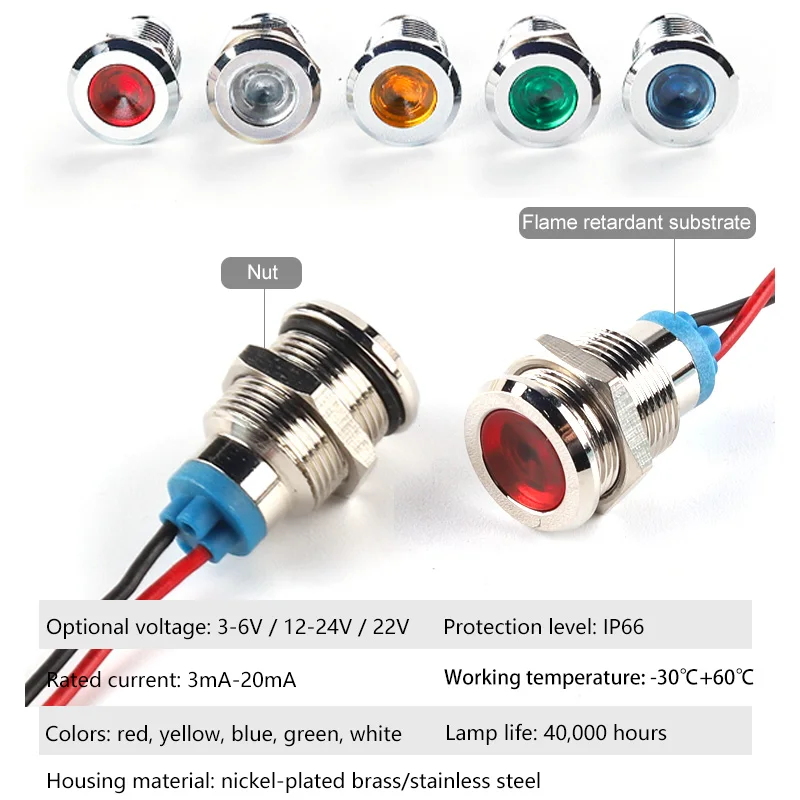Signal lamp 6/8/12/16/19/22mm Metal LED Waterproof Indicator Light Signal Lamp With Wire 6V 12V 24V 110V 220V red/yellow/blue/green/white
