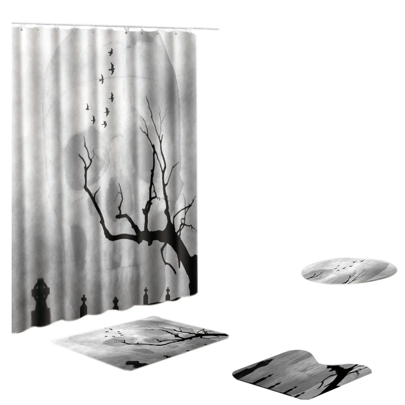 180X180Cm Waterproof Bathroom Shower Curtain Toilet Cover Mat Non-Slip Rug Set 6x Hooks