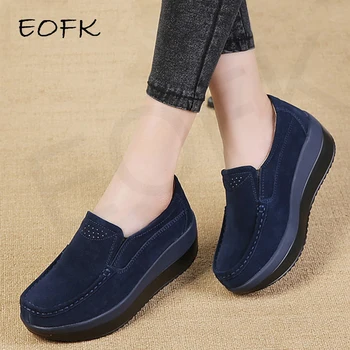 EOFK Spring Autumn Women Flats Platform Loafers Ladies Genuine Leather Comfort Wedge Moccasins Orthopedic Slip On Casual Shoes