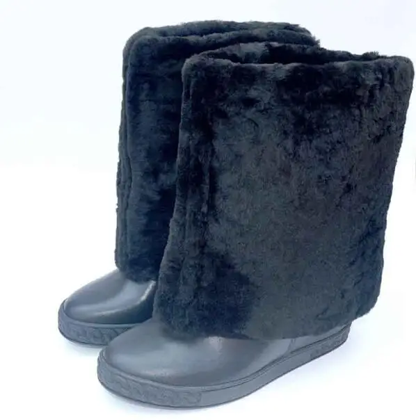 

Warming Lady Black Fur Leather Height Increasing 8 cm Hidden Wedge Heel Round Toe Mid-calf Short Boots Fashion Winter Boots