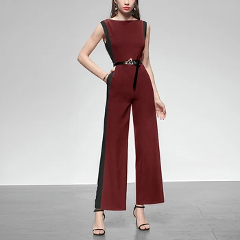 

Seifrmann Designer Modern Fashion Summer Career Office Wear Jumpsuits Women Slash neck Sleeveless Sashes Loose Jumpsuits Ladies