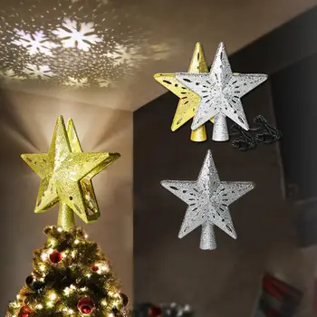 

Christmas Tree Topper LED Star Tree Top Penta Star Snowflake Shape Projection Light Rotatable XMAS Party Hanging Ornament