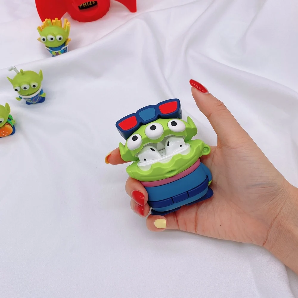 3D мультфильм милый Инопланетянин маленькие зеленые мужские наушники Мягкий силиконовый чехол для AirPods 1 2 Bluetooth гарнитура Защитная крышка с крючком