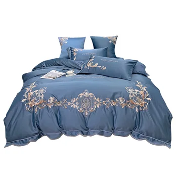 

4pcs pure cotton full queen king size European lace embroidered slippery naked sleeping ice silk bedding set free shipping MR