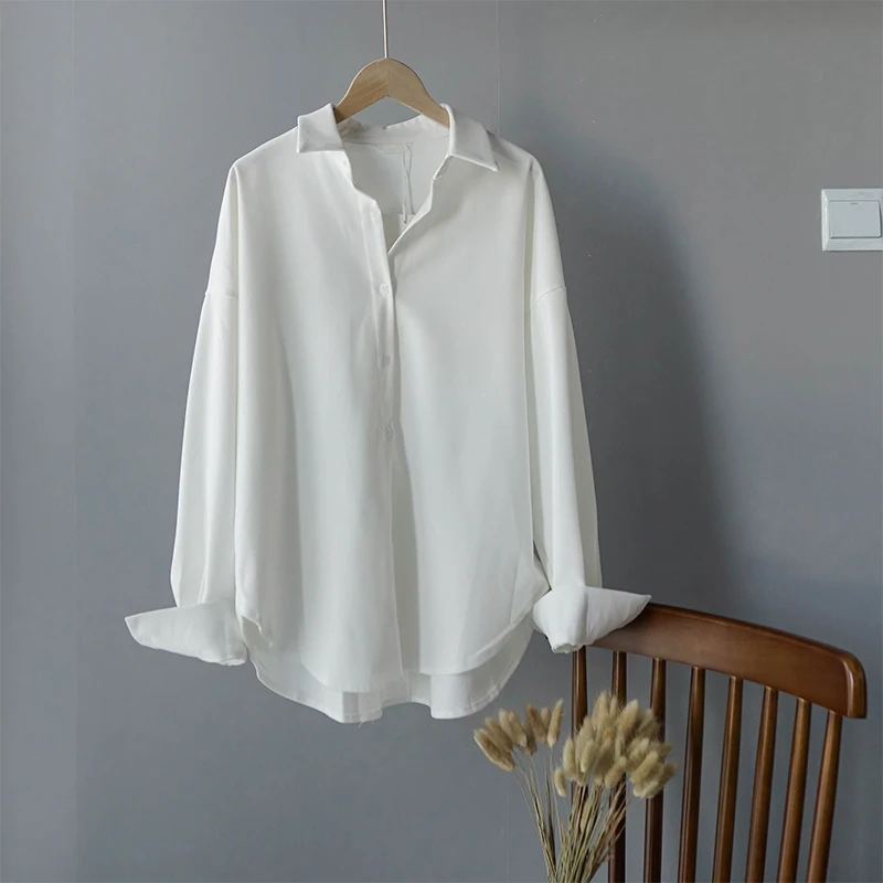 Белые черные рубашки, женские рубашки поло с длинным рукавом, осень, женские топы, корейская мода, blusas mujer - Цвет: Белый
