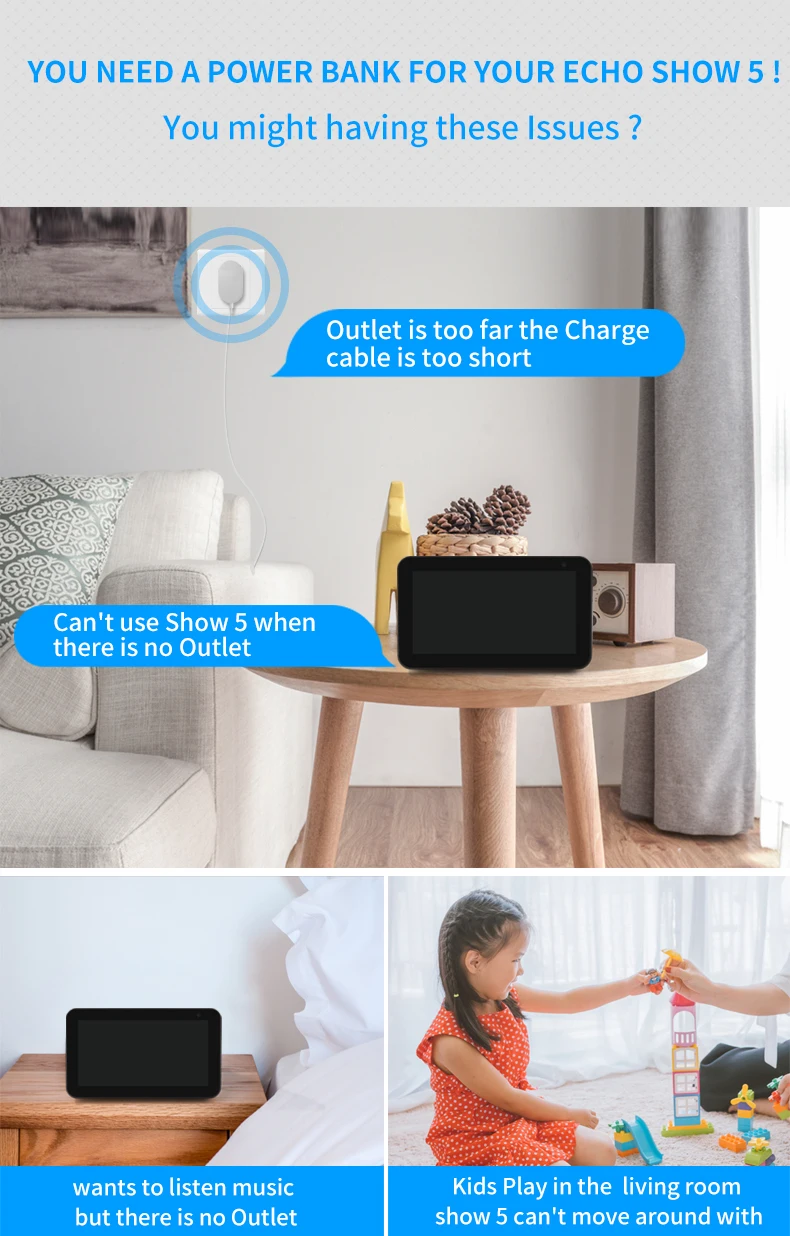 Battery Base for Echo show 5 Portable charger for Echo show 5 holder Rechargeable Backup Battery Echo show 5 Portable case
