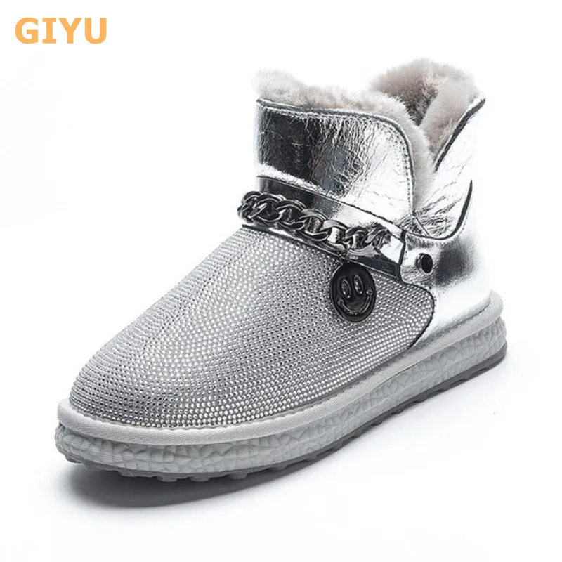 

Size 35-40 Women's Winter Snow Boots Genuine Leather Wool Booties Female Flat Non-slip Ankle Boots Girls Rhinestone Cotton Shoes