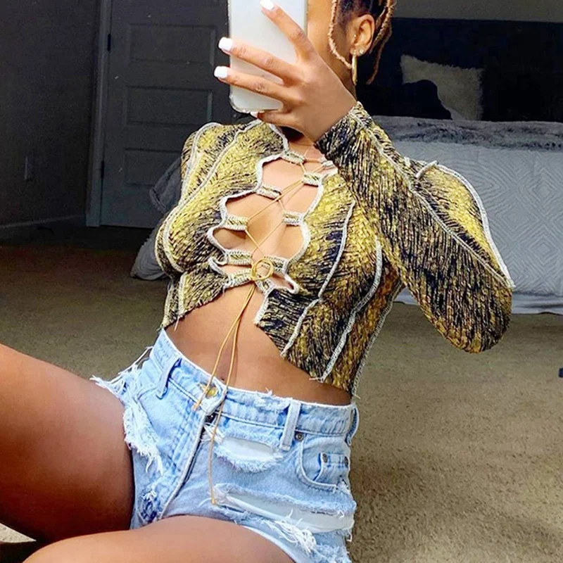 Autumn Aesthetic Bandage Female Clubwear Chic Hollow Out Print Street Crop Tops Tshirt Women Long Sleeve New