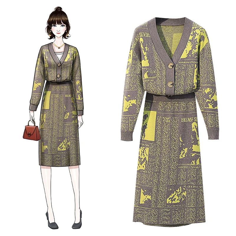 

Random Two Piece Set Women Winter Top And Skirt Set Matching Sets Woman Two Pieces Outfits Newspaper Print Kint Set