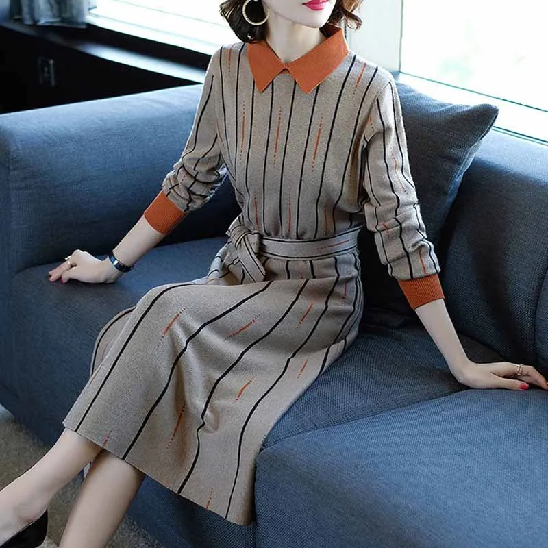

2018 Autumn And Winter New Style Women's Slim Fit Waist Hugging Knit Dress over-the-Knee Sweater Dress Long Dress with Coat