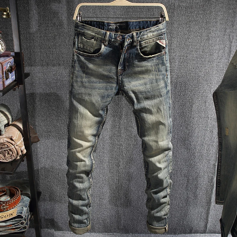 

Italian Style Fashion Men Jeans Slim Fit Retro Washed Elastic Vintage Designer Jeans Men Pants Streetwear Hip Hop Jeans Homme