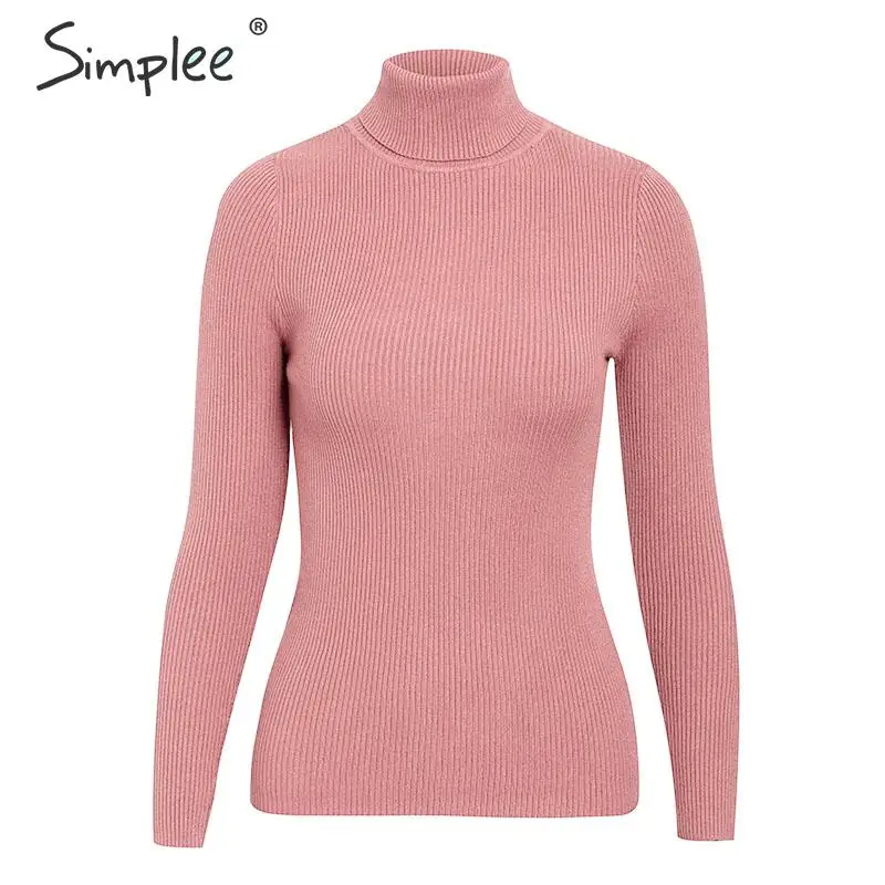Simplee Женский вязаный пуловер свитер водолазка в рубчик осень зима женский свитер в рубчик толстый облегающий полосатый женский джемпер - Цвет: Розовый