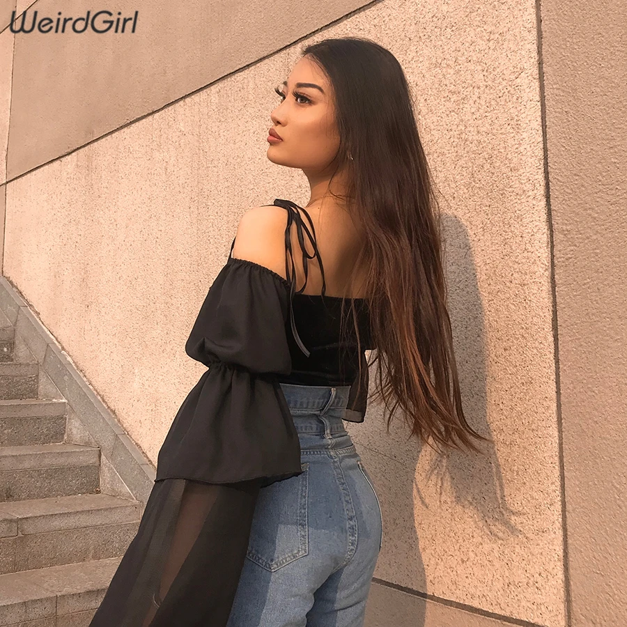 Weirdgirl женские футболки, сексуальные кружевные прозрачные плиссированные ремни, свободные рукава-фонарики, женские кроп топы, осень, крутая мода, Новинка