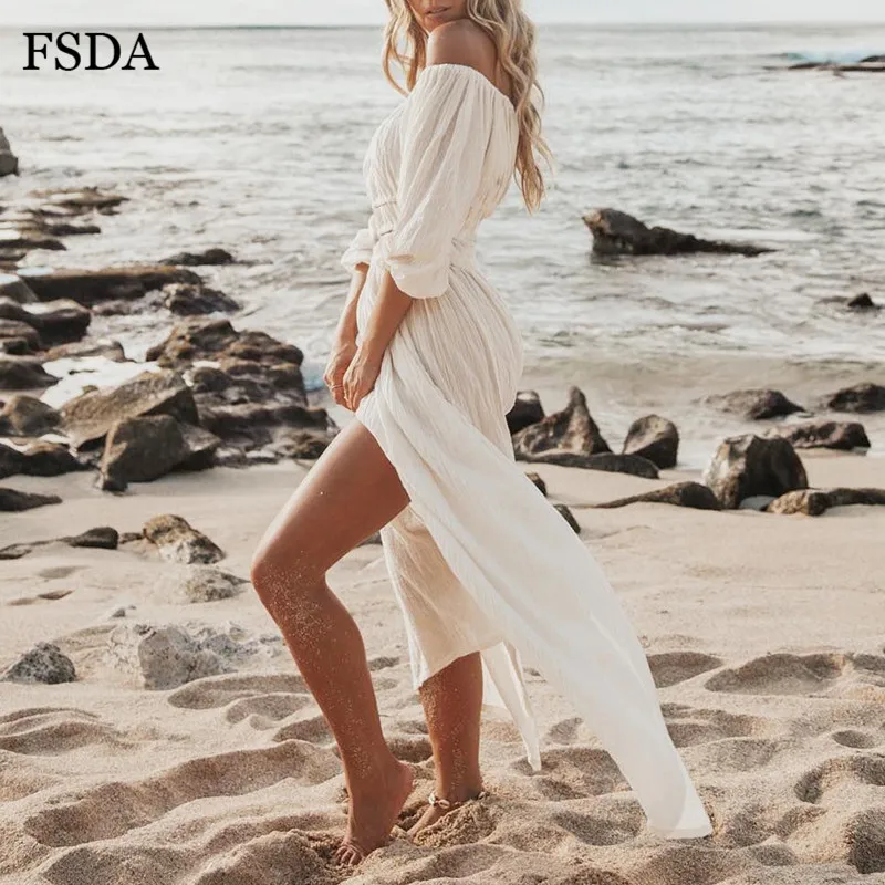 FSDA белое платье с открытыми плечами, летнее пляжное повседневное женское сексуальное ТРАПЕЦИЕВИДНОЕ ПЛАТЬЕ С Коротким Рукавом, женское длинное винтажное платье средней длины