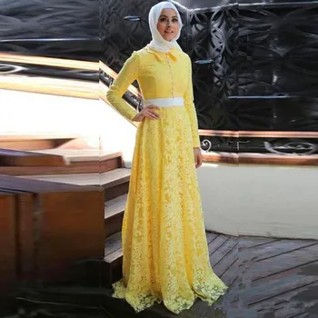 

Yellow Muslim Evening Dresses A-line Long Sleeves Lace Scarf Islamic Dubai Saudi Arabia Long Evening Gown Prom Dress