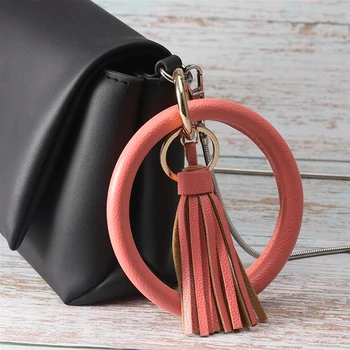 

Bohemia Pu Leather Wristband Keychain Bangle Fashion Solid Color Gold Big Circle Key Ring Tassel Bracelets For Women