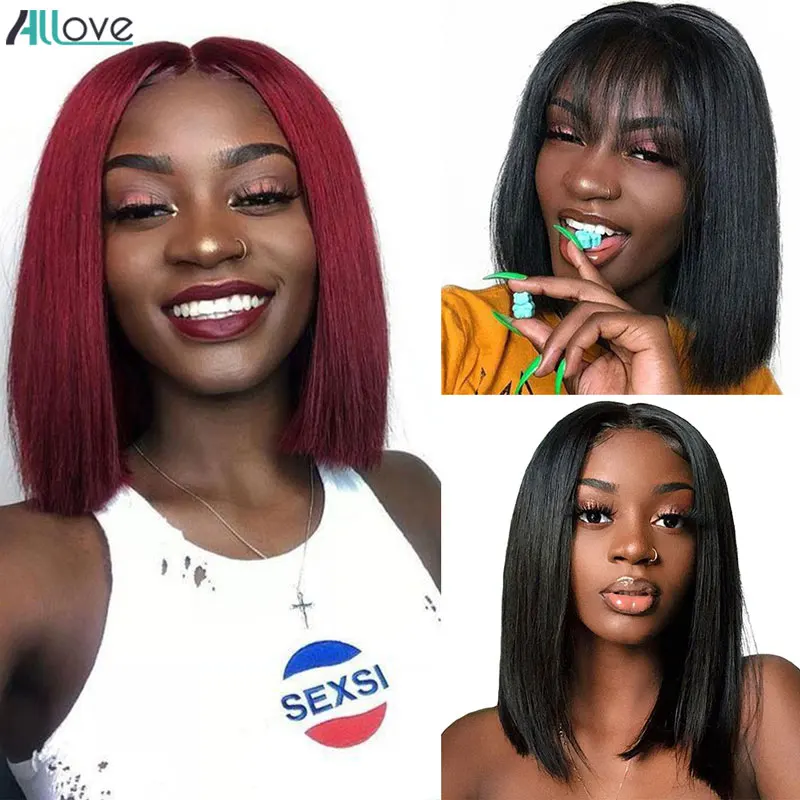 Парики Allove Red Bob 613 с фронтальным кружевом Bangs13X4 бразильские прямые человеческие волосы парики 99J Ombre