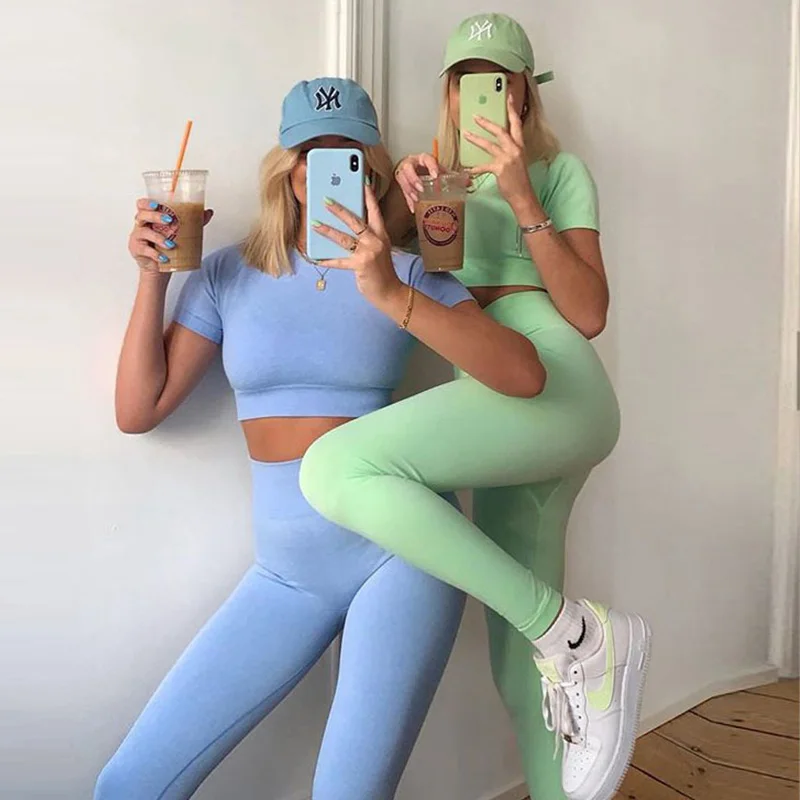 Gym Suit Workout-Clothes Crop-Top Short-Sleeve Active-Wear Yoga-Set Seamless High-Waist