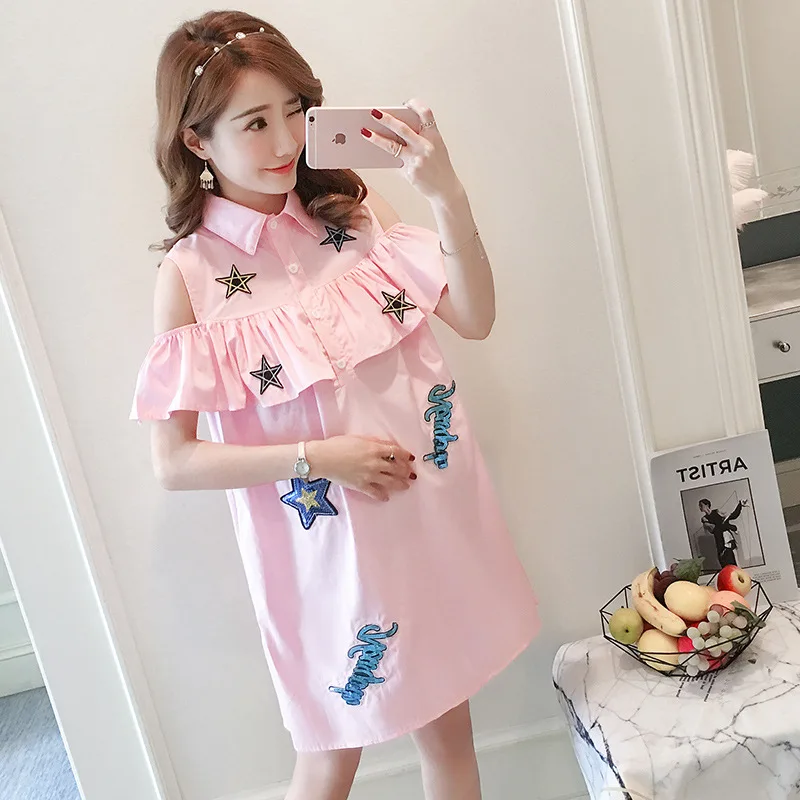 

Pregnant Women Summer Wear Dress Fashion Models 2018 New Style Short Sleeve Off-shoulder Tops Mid-length Embroidery Maternity Dr