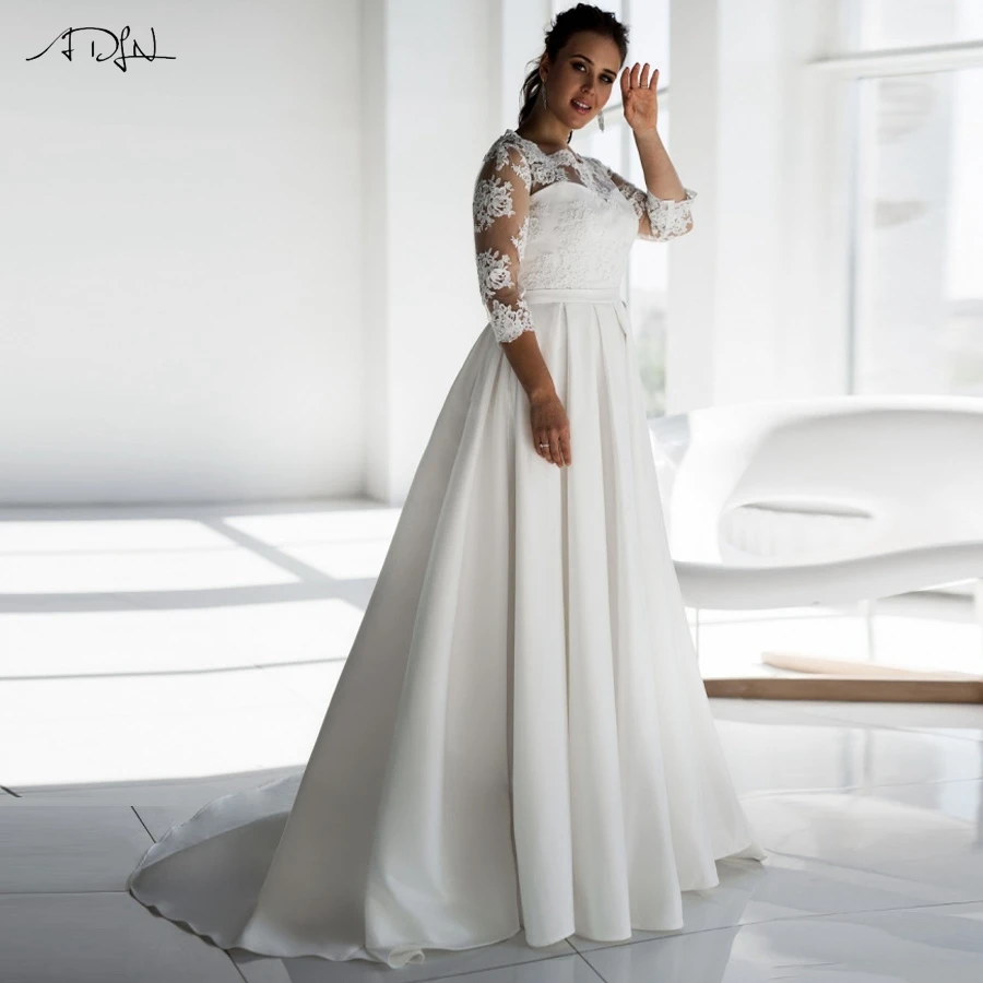 Элегантные атласные свадебные платья с рукавами 3/4 Abiti Da Sposa, с вырезом лодочкой, с коротким шлейфом, трапециевидные Свадебные платья размера плюс