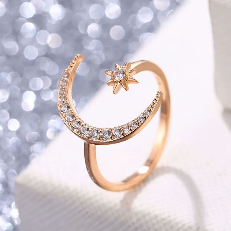 Finger Ring EN New Fashion Crytal Moon & Star Open for Women Girls Wedding Engagement,ring set,gold color rings,stainless steel ring,tibetan silver rings,signet ring,finger watch ring,finger ring,gold color ring,chain ring,half face ring,amethyst zirconia ring,silver ring,opening ring,fidget spinner ring,sparkling heart ring,tungsten ring,adjustable rings,zircon crystal ring,wedding rings,moissanite diamond ring,color change ring,wedding ring,ceramic ring,animal ring