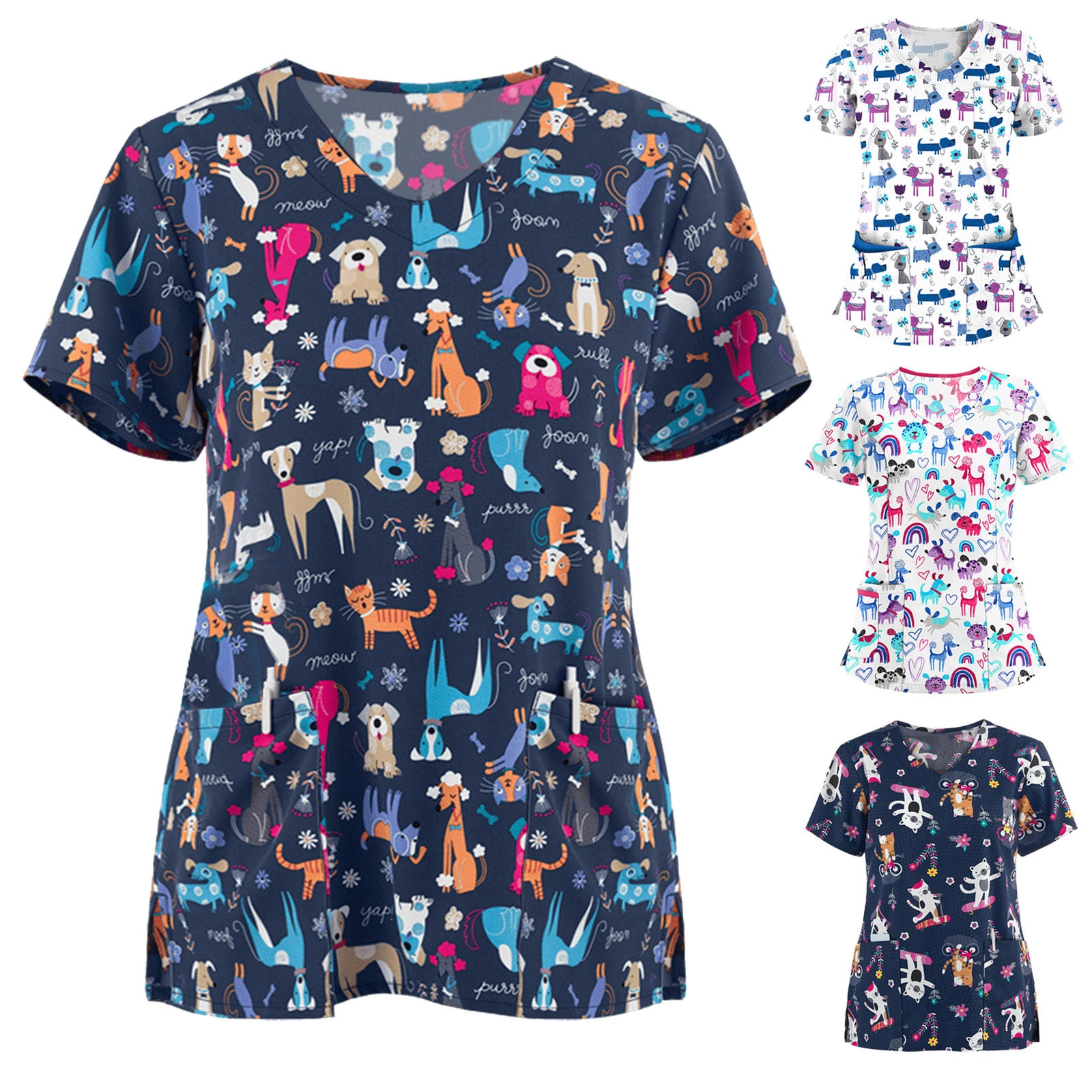 2021 Womenu0027s Short Sleeve V-Neck Pocket Care Workers T-Shirt Tops Summer  Workwear Tops cat dog print Nurse Uniform Clinic Blouse