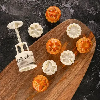 

50g Moon Cake Mold 4pcs 3D Leaf Stamps Barrel Mooncake Hand Pressure Pastry Mould DIY Bakware Mid-autumn Festival