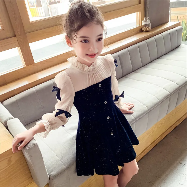 Vestido de azules de fiesta azul marino para niñas, ropa de manga larga con lazo para otoño, 4, 5, 7, 9, 11 y 13 años, vestidos infantiles para niñas - AliExpress Madre y niños