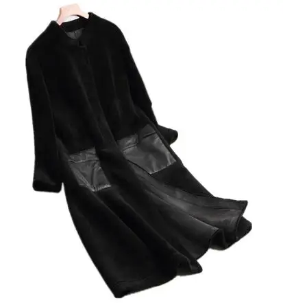 ZiZhen шерстяное длинное пальто с натуральными кожаными карманами, черный Тренч из замши внутри, зимнее теплое Женское пальто KQN68290 - Цвет: Черный