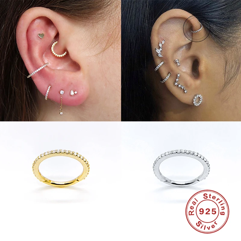 Pendientes de plata de ley 2020 para mujer, aretes de cristal ostentoso, pendiente de aro de cartílago, hebilla para Piercing para el hueso del oído, 925