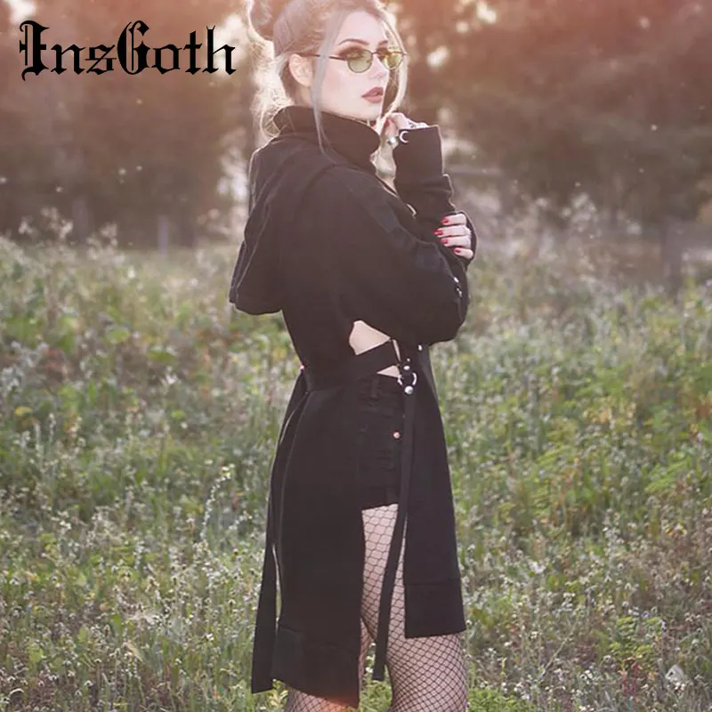 Женская свободная толстовка InsGoth, в стиле Харадзюку, черная готическая толстовка составного кроя с капюшоном и шнуровкой, длинная толстовка с вырезами